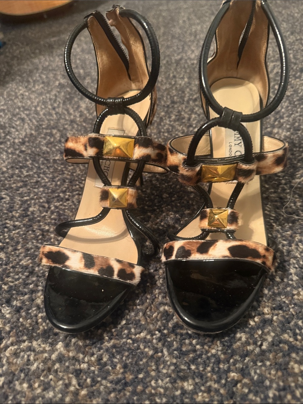 Jimmy Choo Black Patent & Leopard Print Studded Ankle-Strap Heels